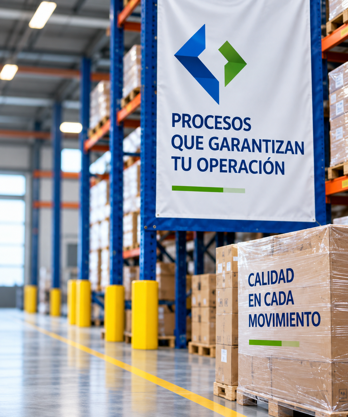 Centro de distribución representativo con señalización de procesos y calidad